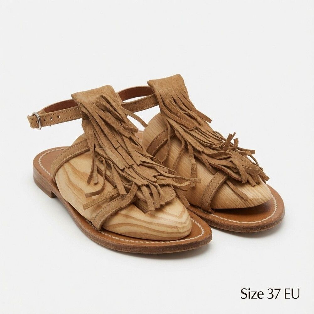 K Jacques St Tropez Sandal Sz 7 EU 37 Tan Suede Leather Ankle Strap Fringe Boho